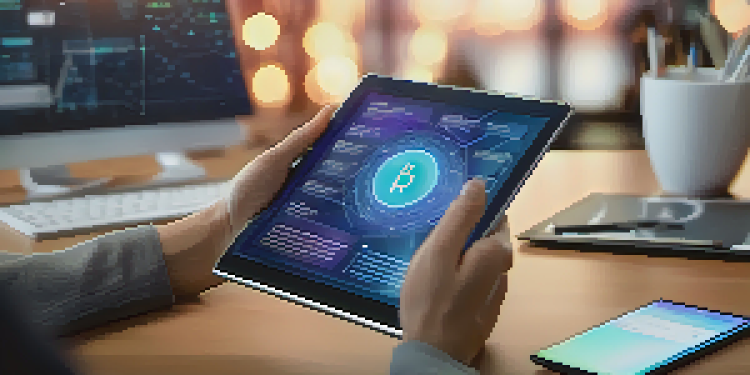 A digital tablet showcasing a contract with holographic blockchain interfaces in a modern office.