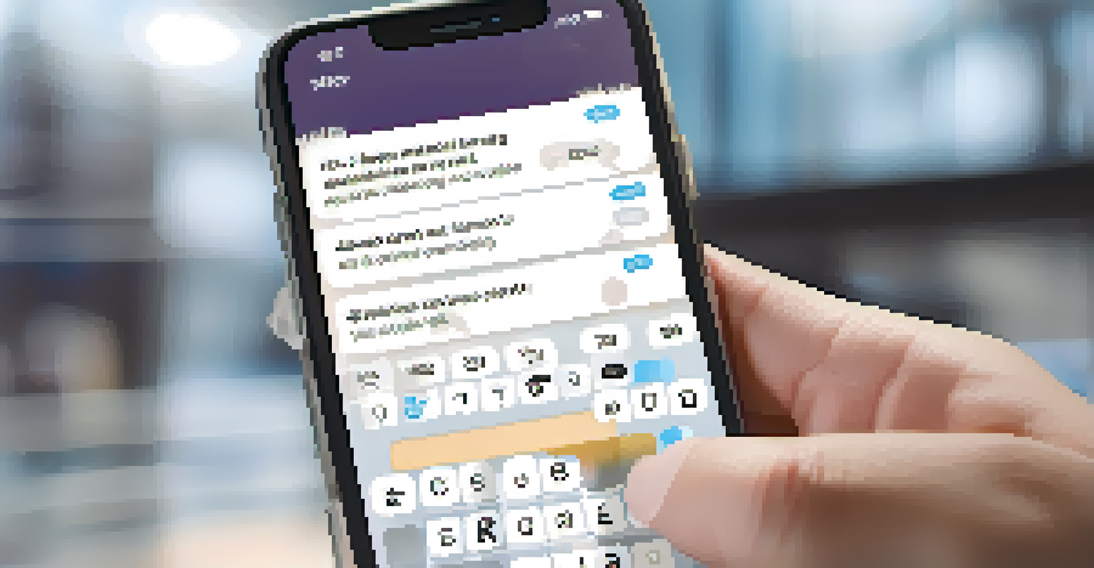 A smartphone screen displaying a chatbot conversation about a bank statement in a blurred office background.