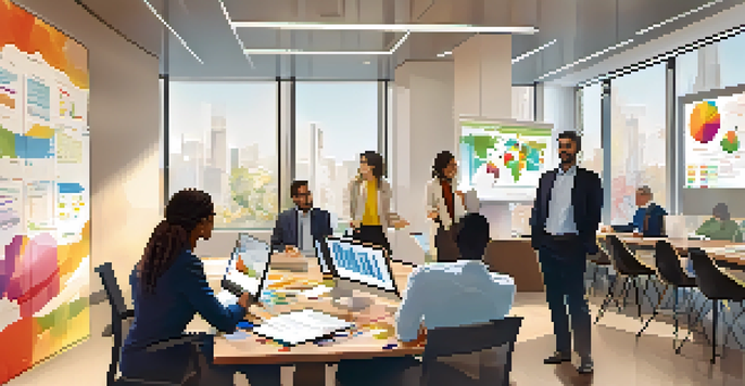 A diverse team of professionals in a modern office discussing data governance with laptops and charts visible.