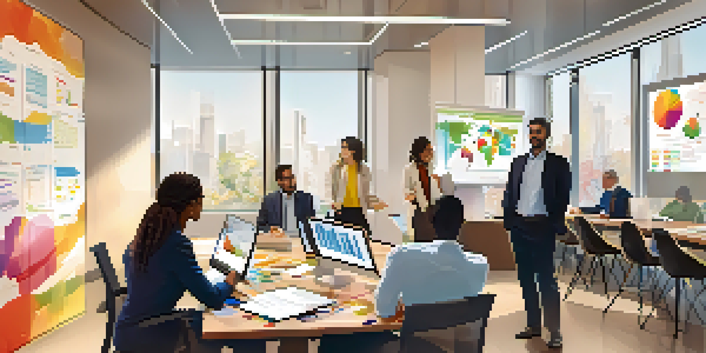 A diverse team of professionals in a modern office discussing data governance with laptops and charts visible.