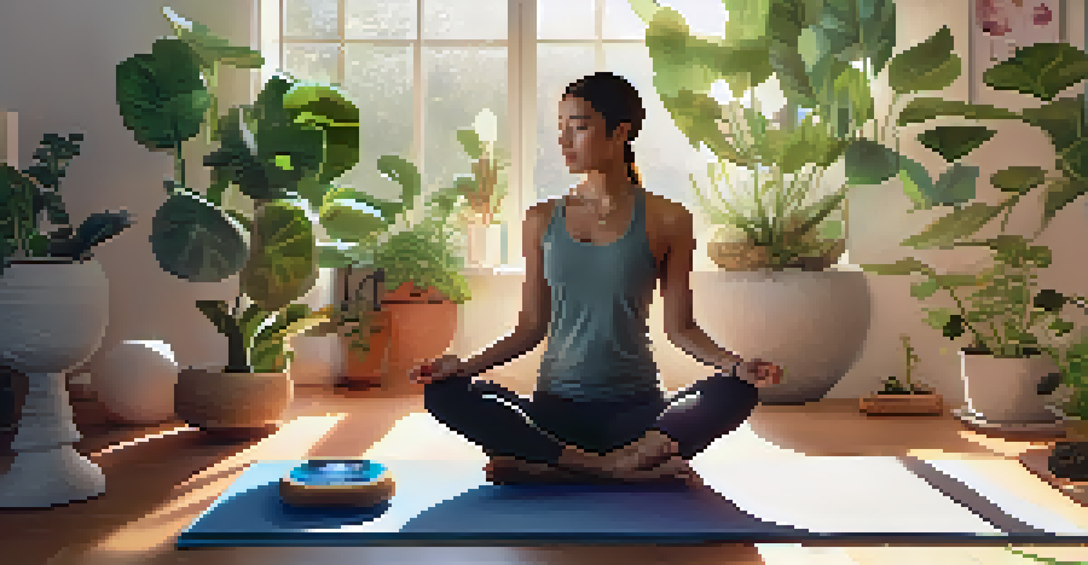 A person meditating on a yoga mat with a wearable device showing heart rate variability in a serene room filled with plants.