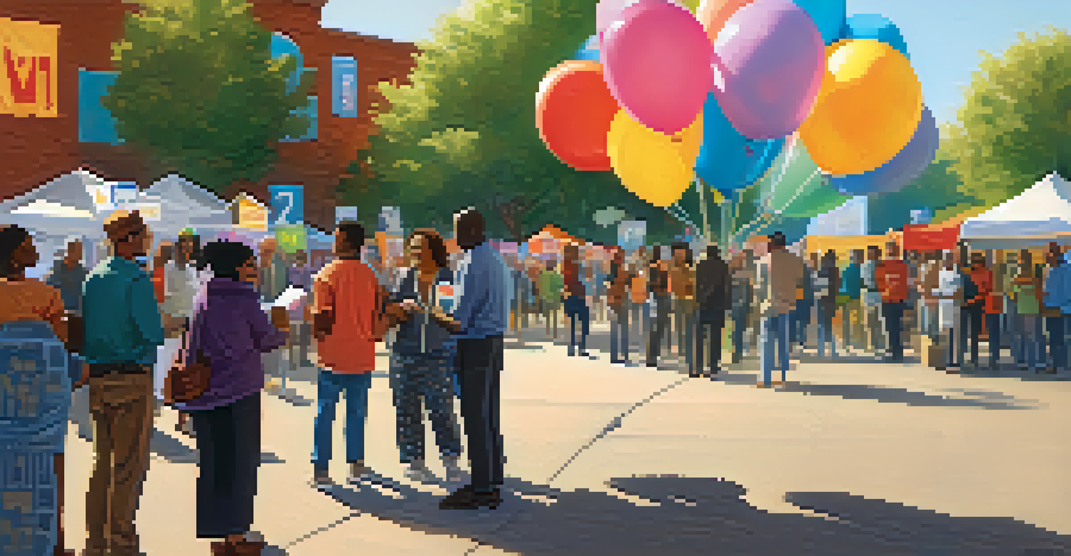 A diverse group of people at a community voting event, with colorful decorations and a digital display of votes.