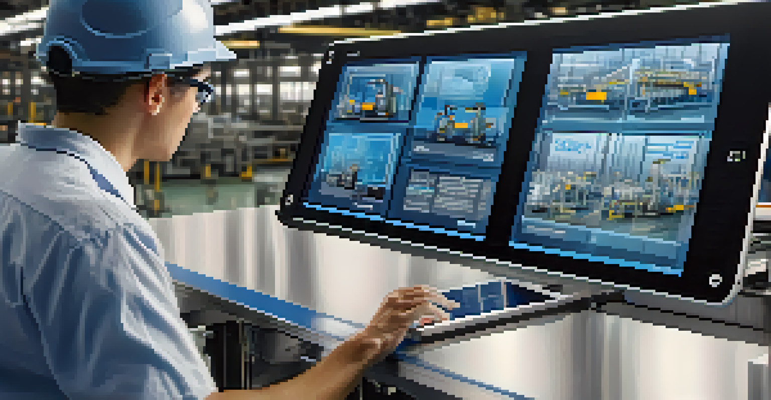 A worker using a tablet to interact with a 3D model of a factory's assembly line.