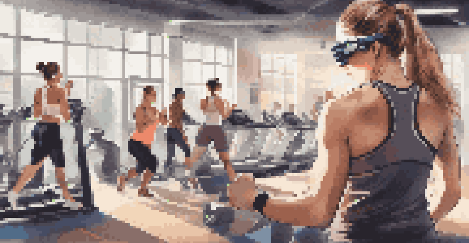 A fitness enthusiast wearing augmented reality smart glasses in a modern gym, displaying performance stats.