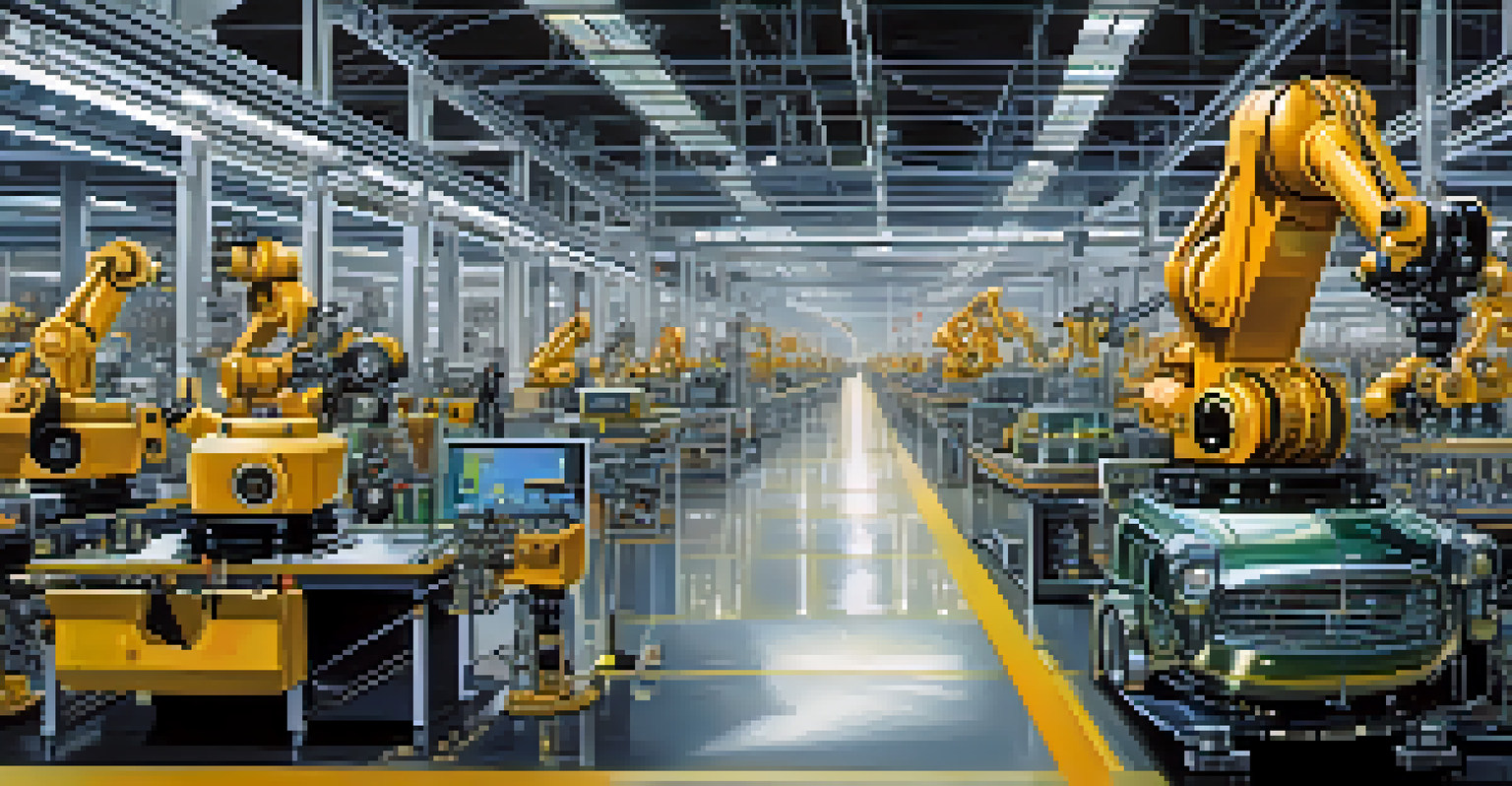 A car assembly line with robots adjusting tasks based on sensor data in a bright industrial setting.