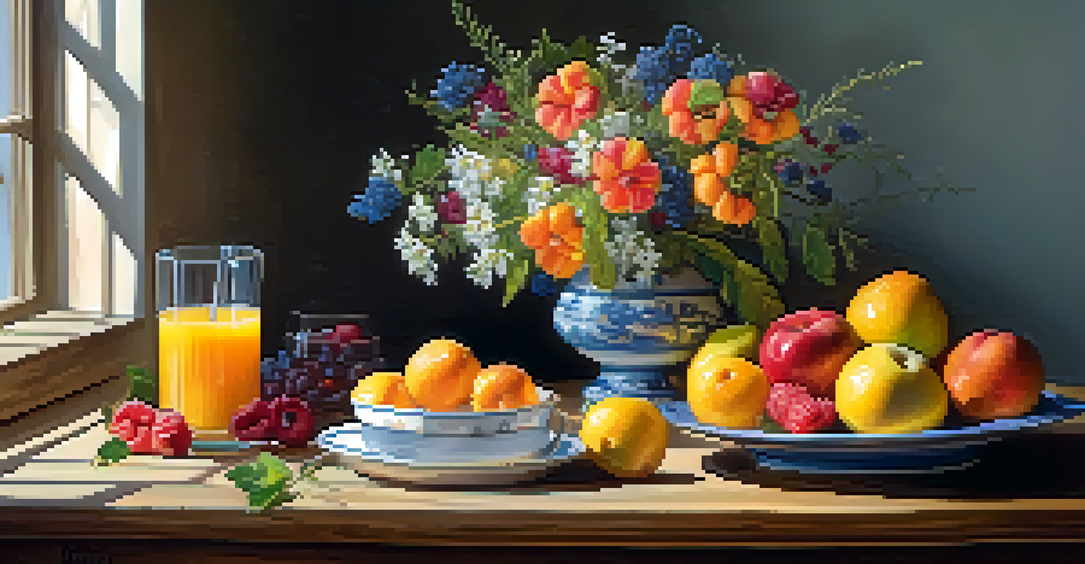 A still life with colorful fruits, a glass of juice, and wildflowers on a vintage wooden table under warm natural light.