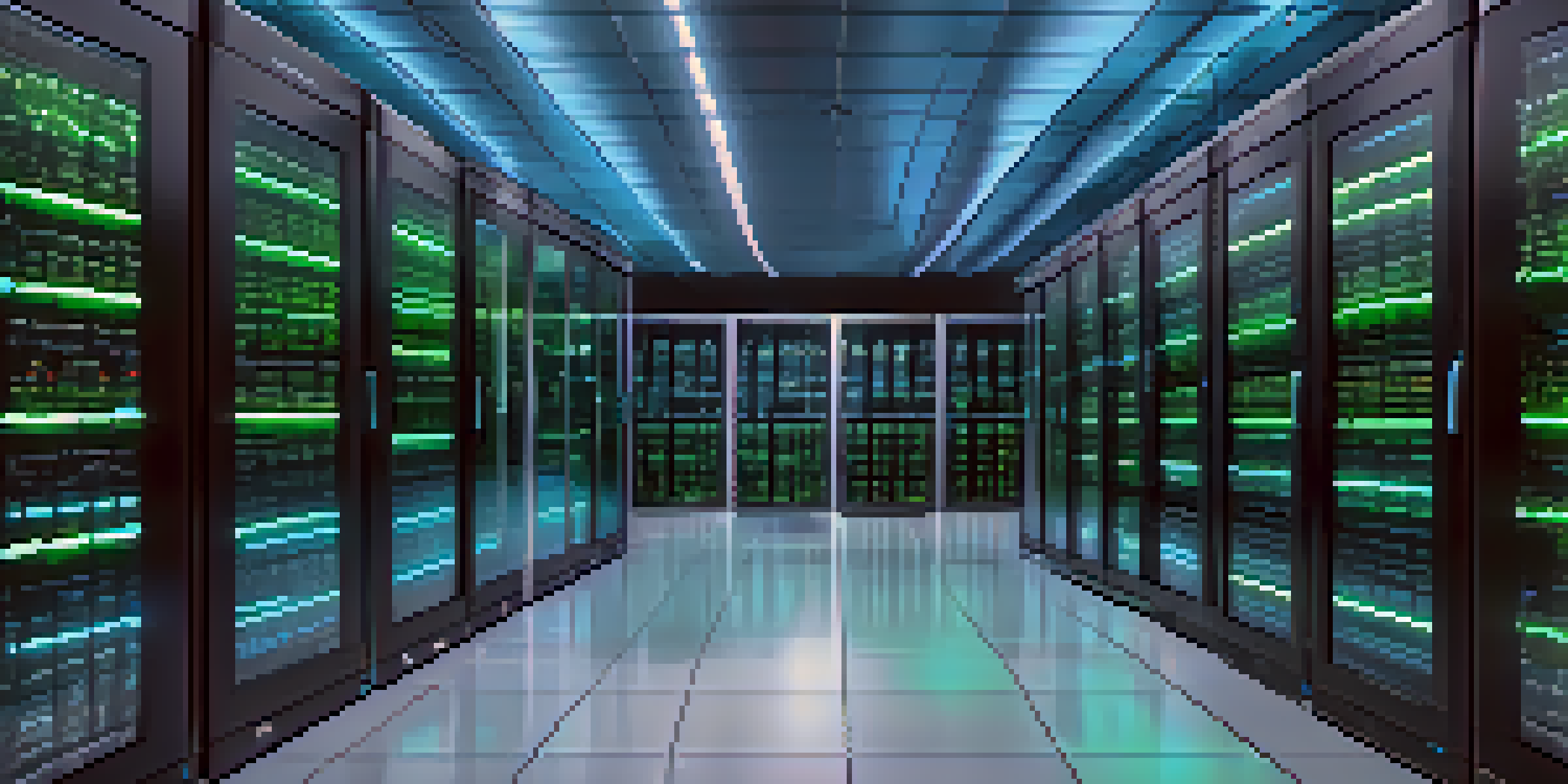 A modern data center with rows of servers, blue and green lights, organized workspace, and screens showing data analytics.