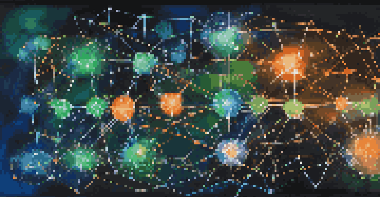 An abstract digital illustration of interconnected nodes representing microservices architecture with vibrant colors.