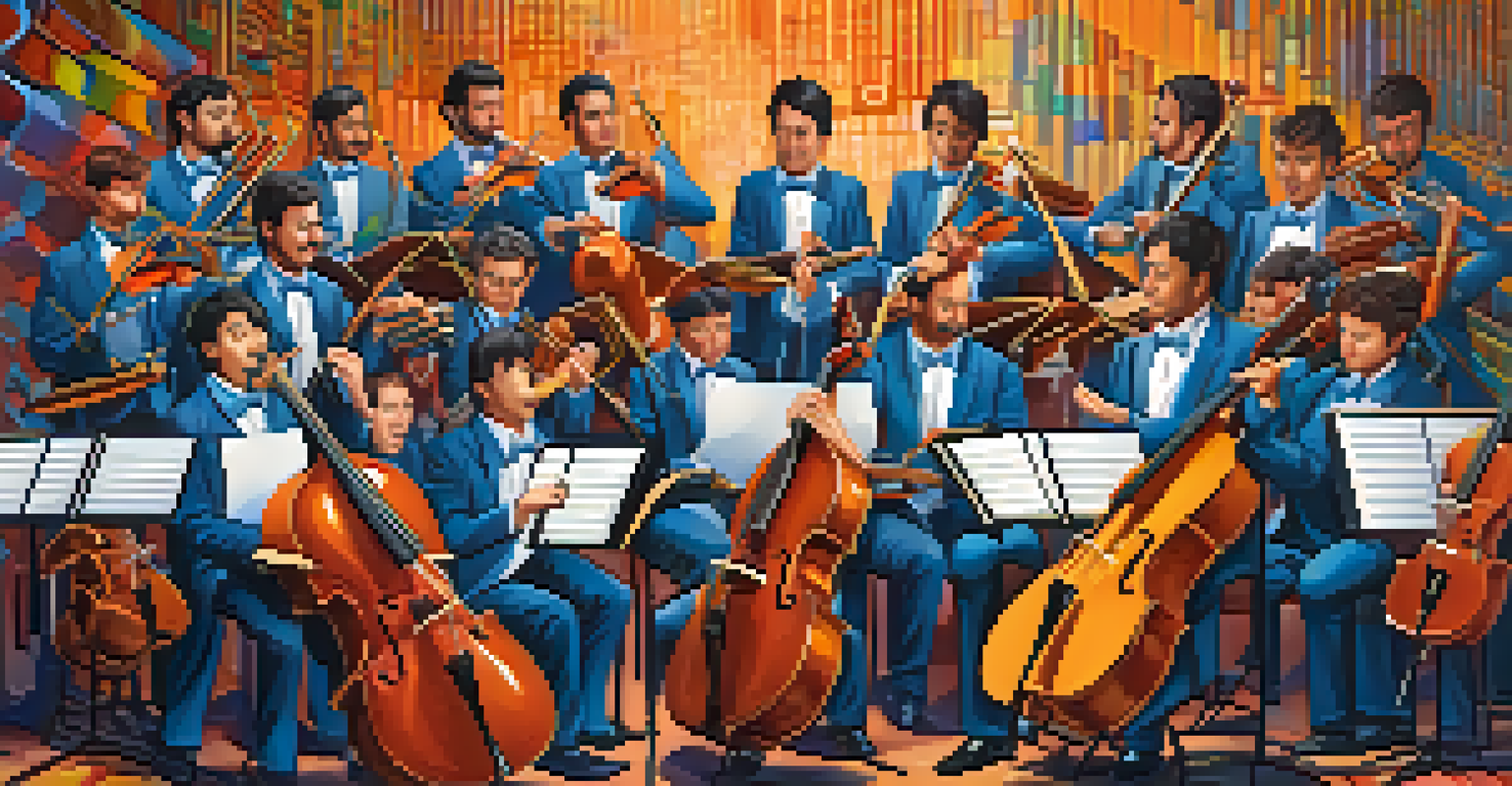 An artistic digital orchestra with musicians as containers, harmonizing under a conductor symbolizing Kubernetes, with colorful soundwaves in the background.