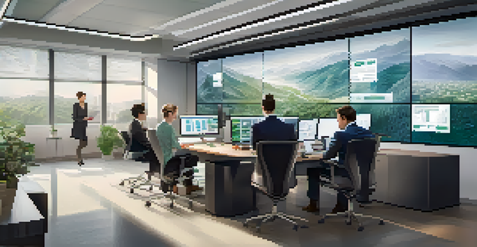A diverse team of financial analysts working together in a modern office, surrounded by digital screens and natural light.