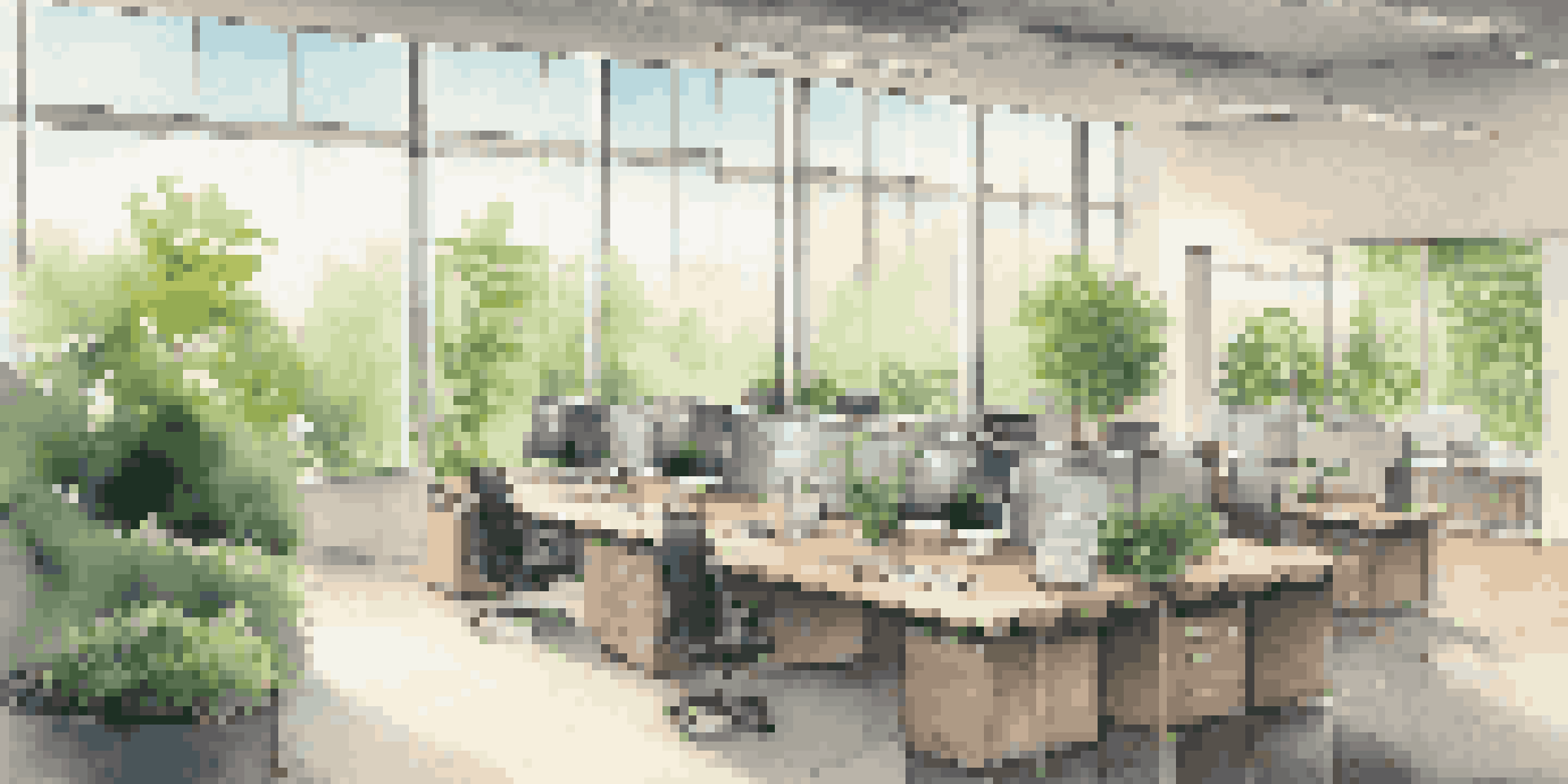 A modern eco-friendly software development office with large windows, greenery outside, and minimalistic furniture bathed in sunlight.