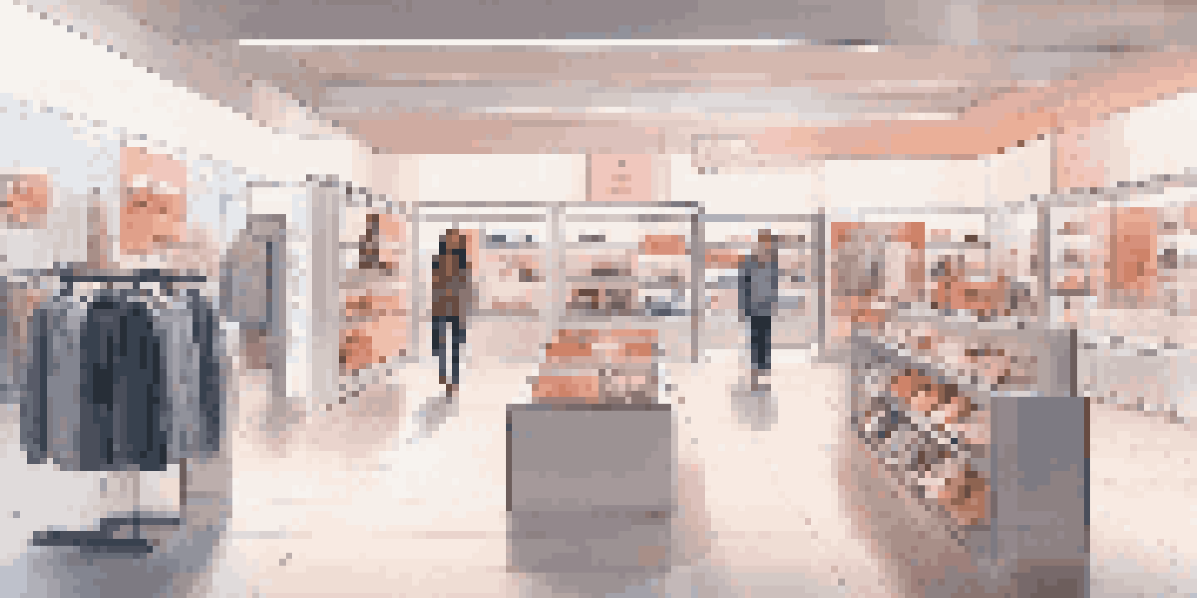 A modern retail store with digital screens suggesting products to customers in a futuristic environment.