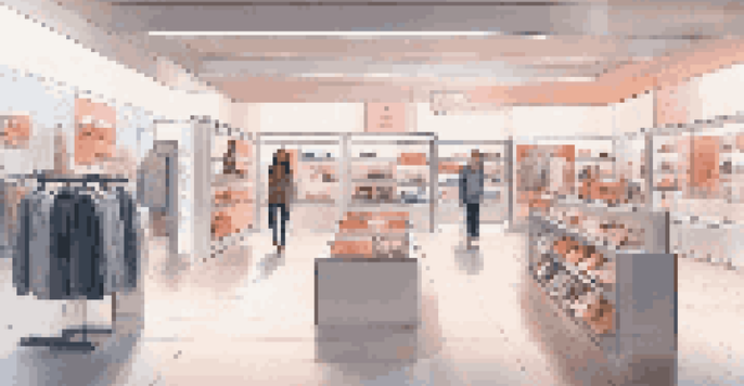 A modern retail store with digital screens suggesting products to customers in a futuristic environment.