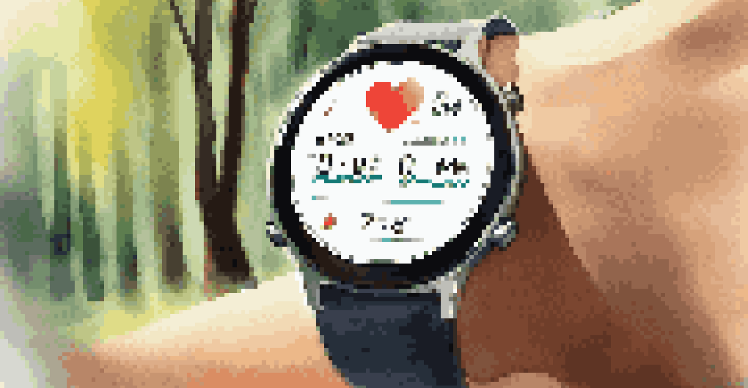 A close-up of a fitness tracker displaying heart rate stats on a wrist, with a blurred forest trail in the background.