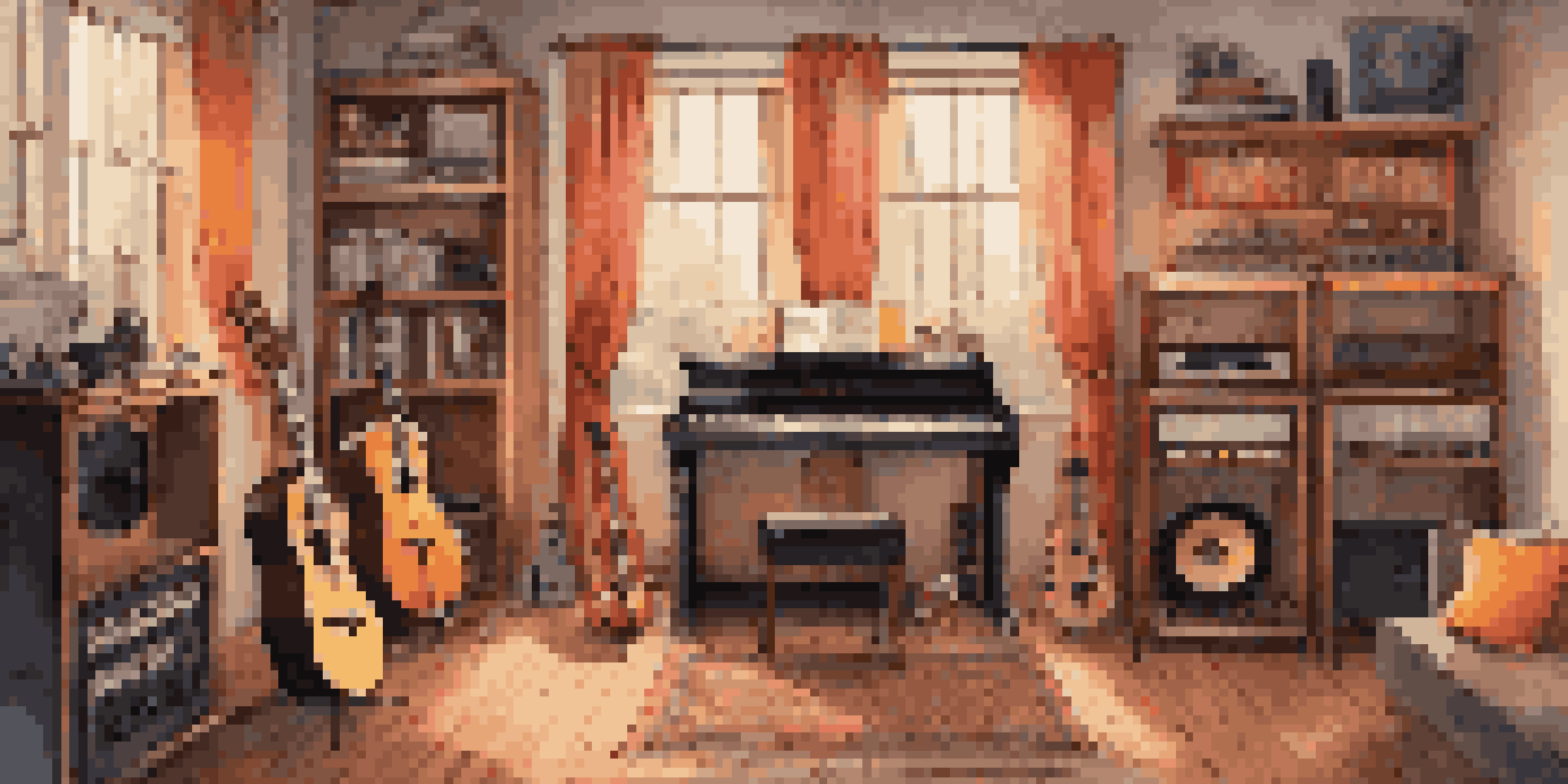 A cozy home music studio with musical instruments, vinyl records, and warm lighting.