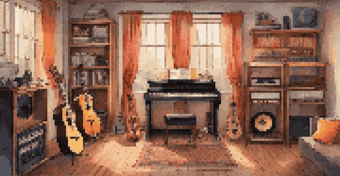 A cozy home music studio with musical instruments, vinyl records, and warm lighting.