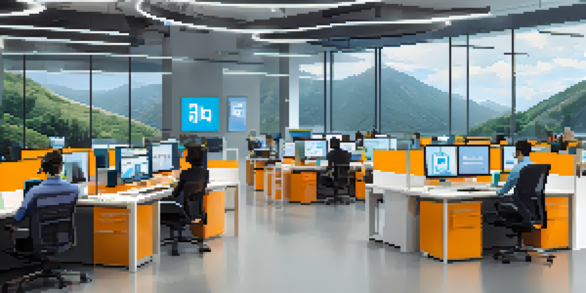 A vibrant customer support center with diverse human agents speaking on headsets, working alongside AI chatbots on their screens, in a bright, open environment.