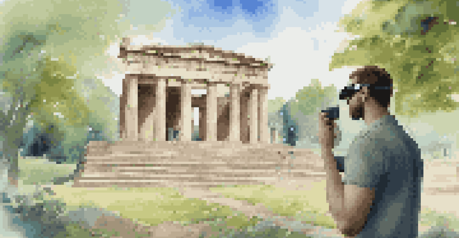A tourist wearing AR glasses in a park, viewing digital reconstructions of a historical monument and information overlays.