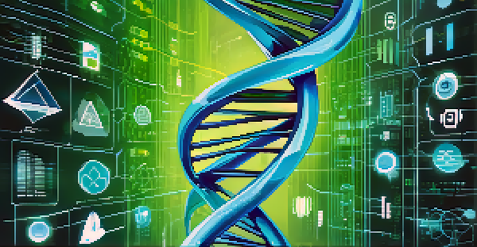A digital depiction of a DNA helix with data streams and biometric icons.