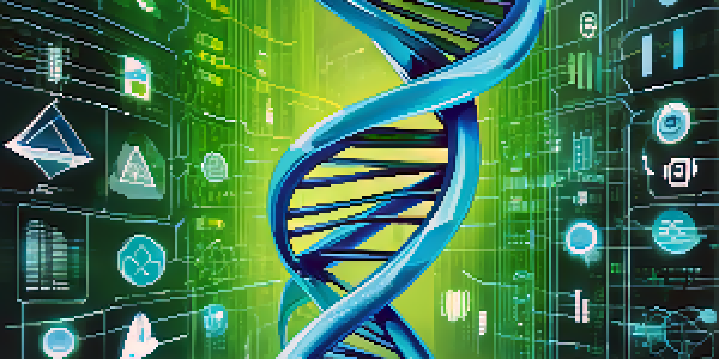 A digital depiction of a DNA helix with data streams and biometric icons.