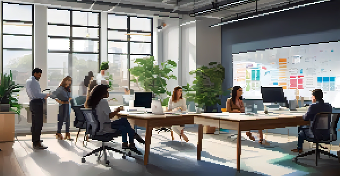 A bright modern office with diverse professionals collaborating around a table, surrounded by greenery and high-tech gadgets.