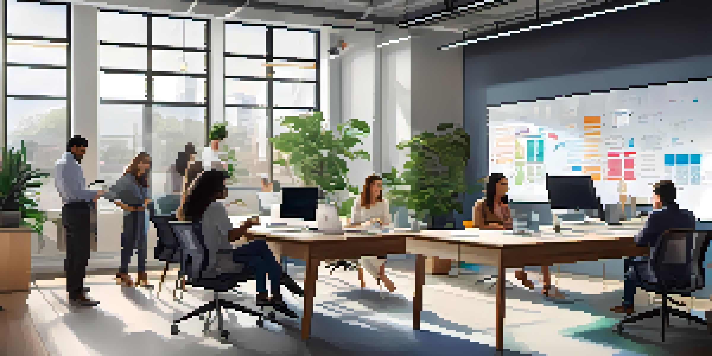 A bright modern office with diverse professionals collaborating around a table, surrounded by greenery and high-tech gadgets.