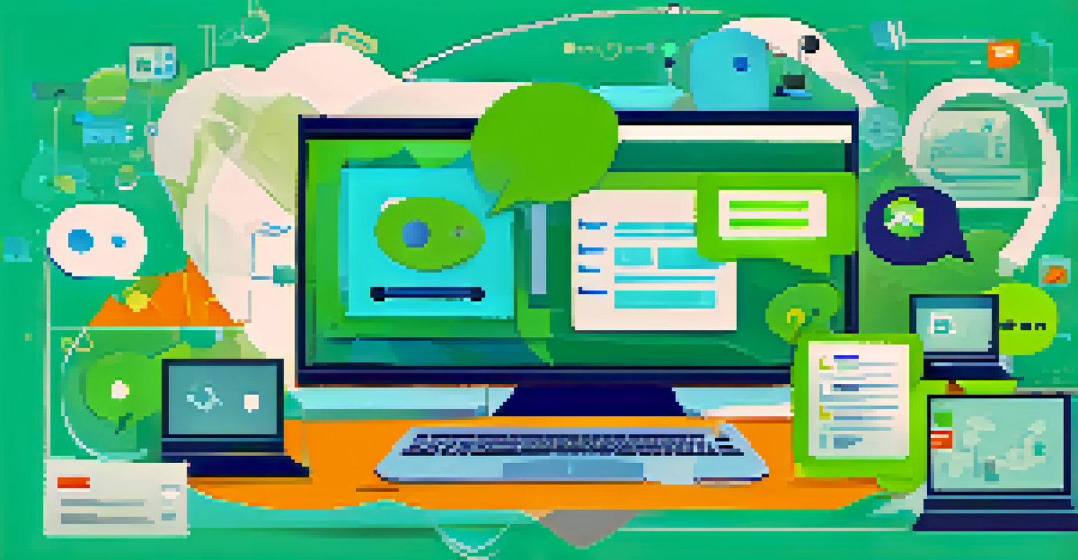 An illustration showing a feedback form on a computer screen with communication tools around it, representing customer feedback in IT services.
