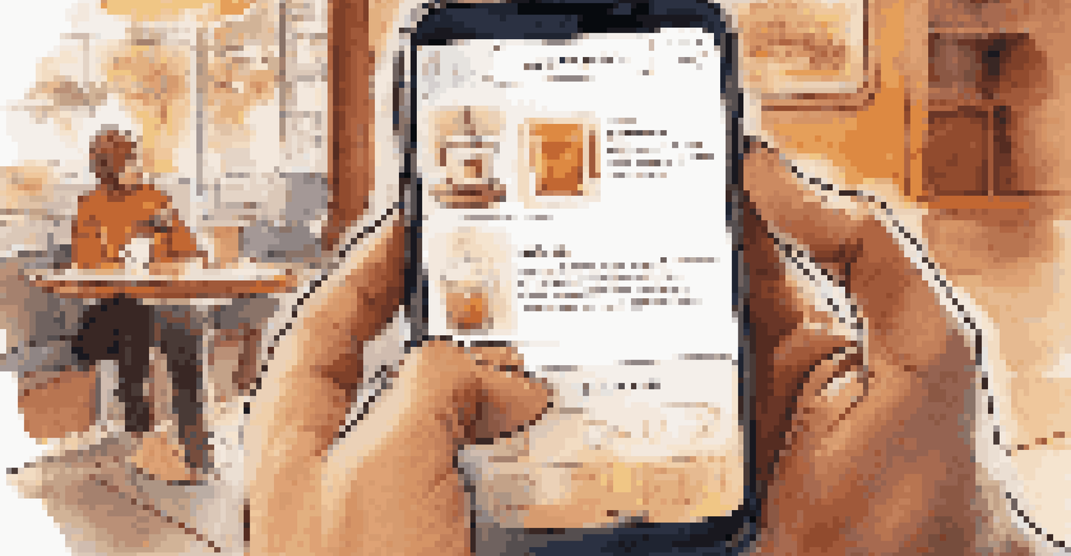 A close-up of a person interacting with a smartphone displaying a conversational interface in a cozy café setting.