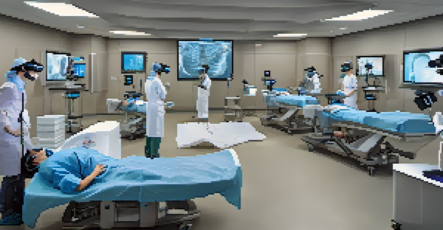 Medical students in a simulation room using virtual reality headsets to practice surgical procedures with a 3D anatomy model displayed on a screen.