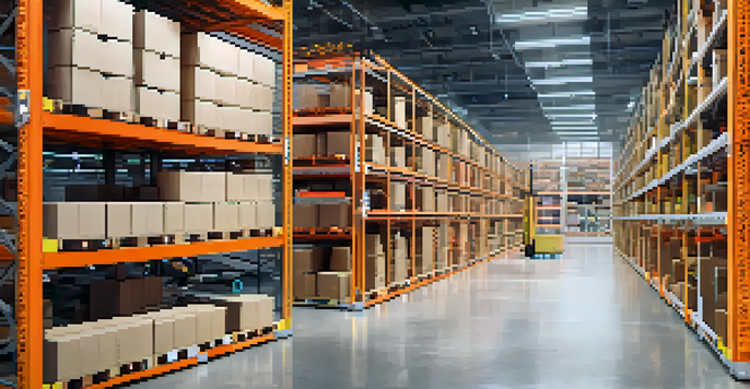 A modern warehouse interior featuring advanced technology with automated robots and digital displays.