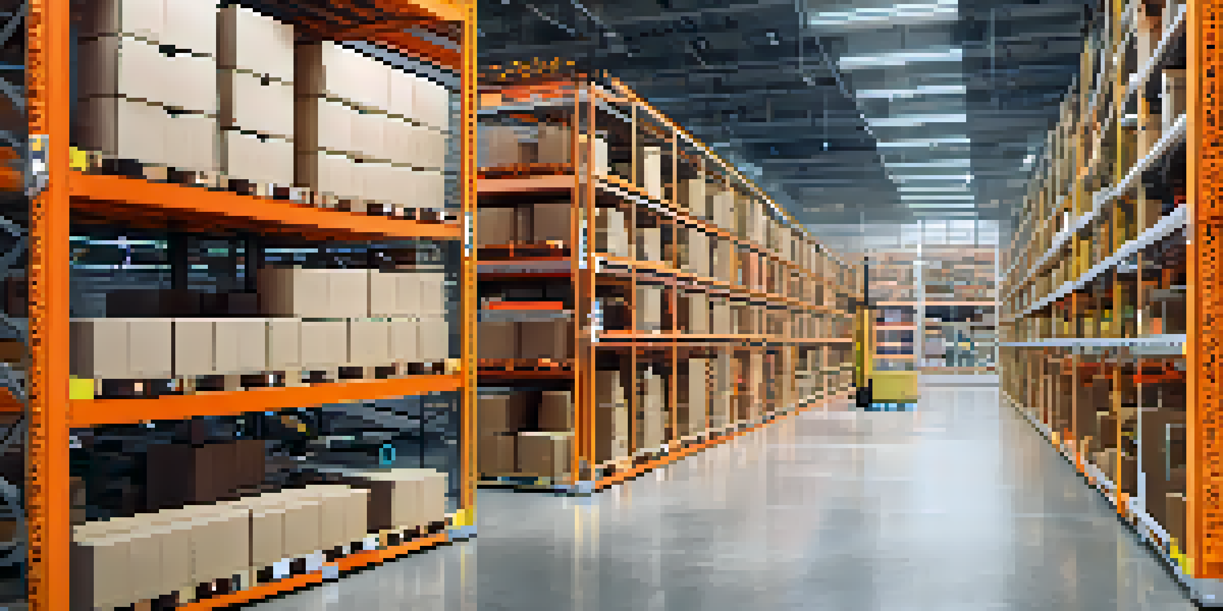 A modern warehouse interior featuring advanced technology with automated robots and digital displays.