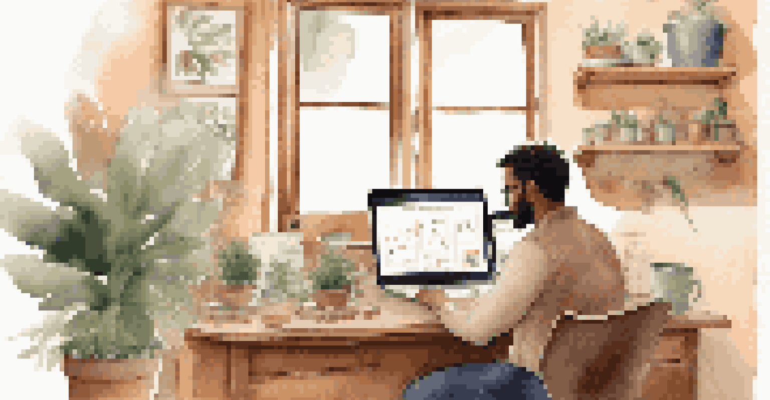 A small business owner at a cozy desk using a laptop with an analytics dashboard, surrounded by personal items.