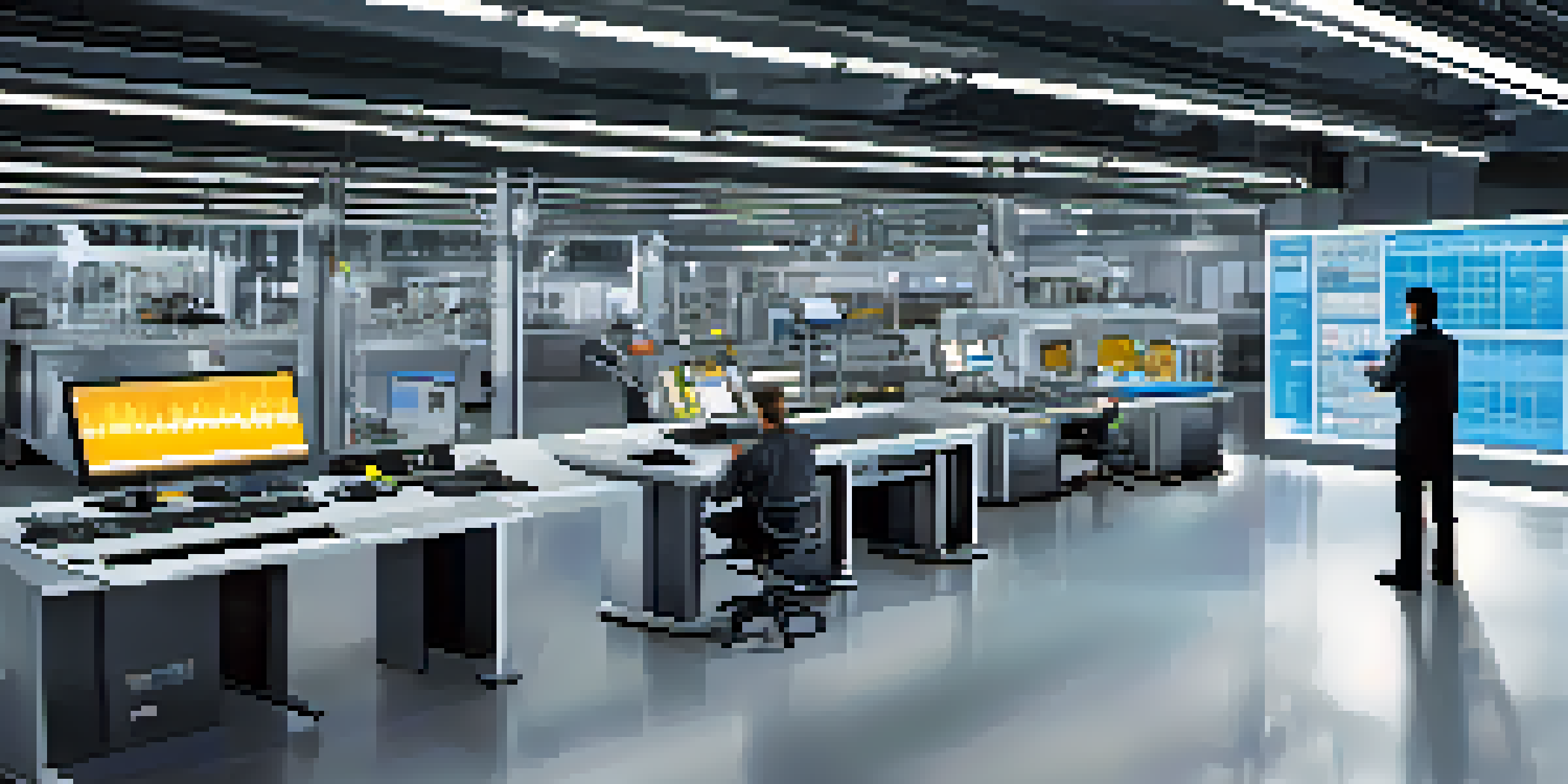 A technician in a manufacturing facility monitors a digital dashboard with real-time data on machinery performance, surrounded by advanced equipment and sensors.