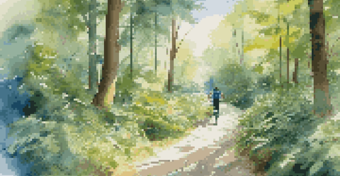 A tranquil virtual reality forest with a wheelchair-friendly path, sunlight filtering through trees, and vibrant plants.