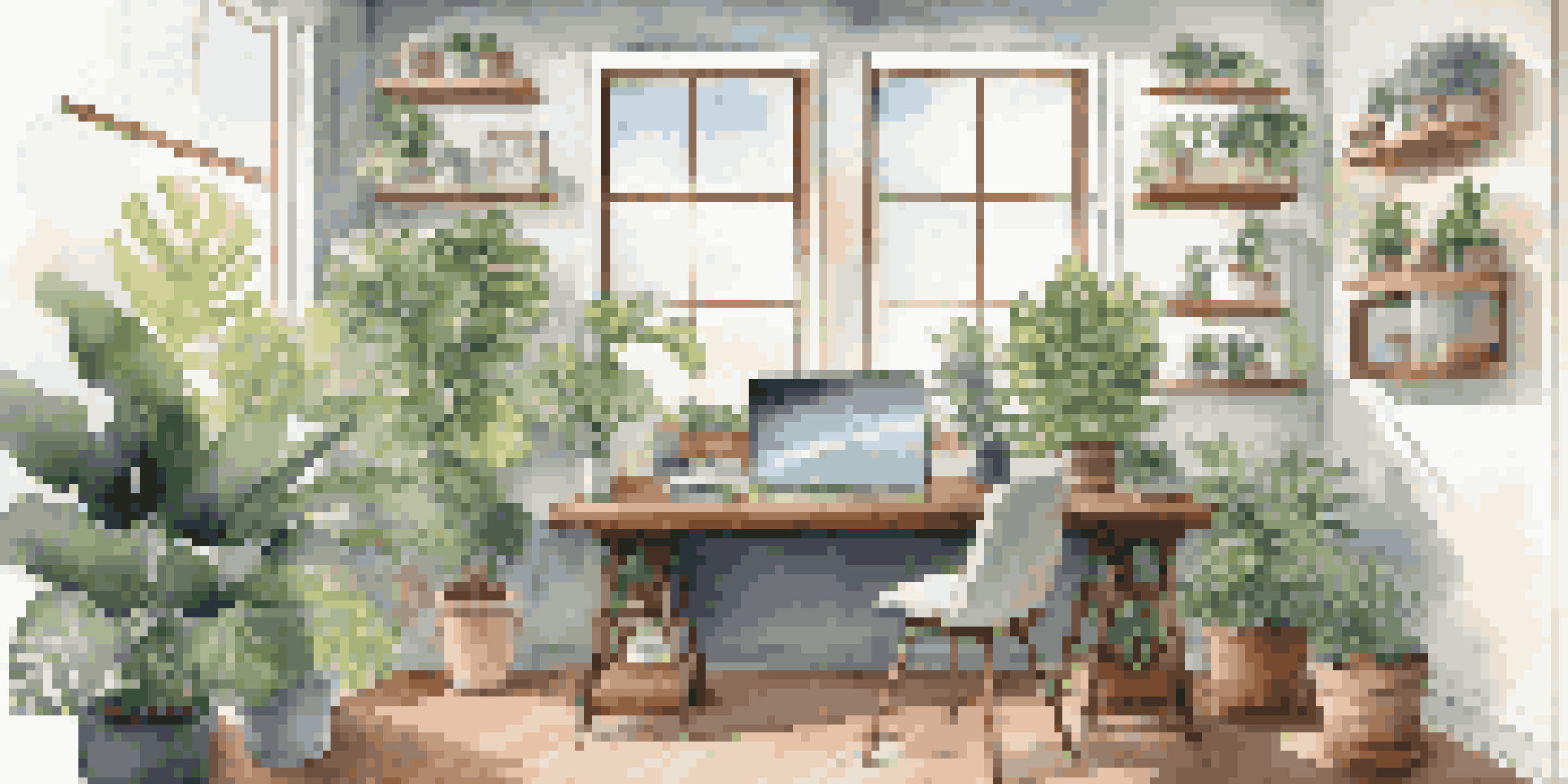 An office space featuring a wooden desk with a laptop and houseplants, illuminated by sunlight, showcasing a collaborative work environment.