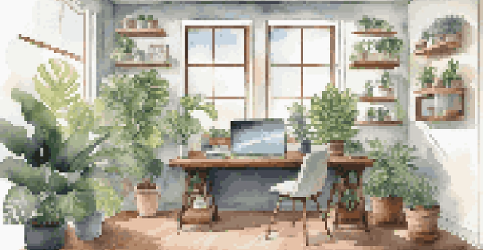 An office space featuring a wooden desk with a laptop and houseplants, illuminated by sunlight, showcasing a collaborative work environment.