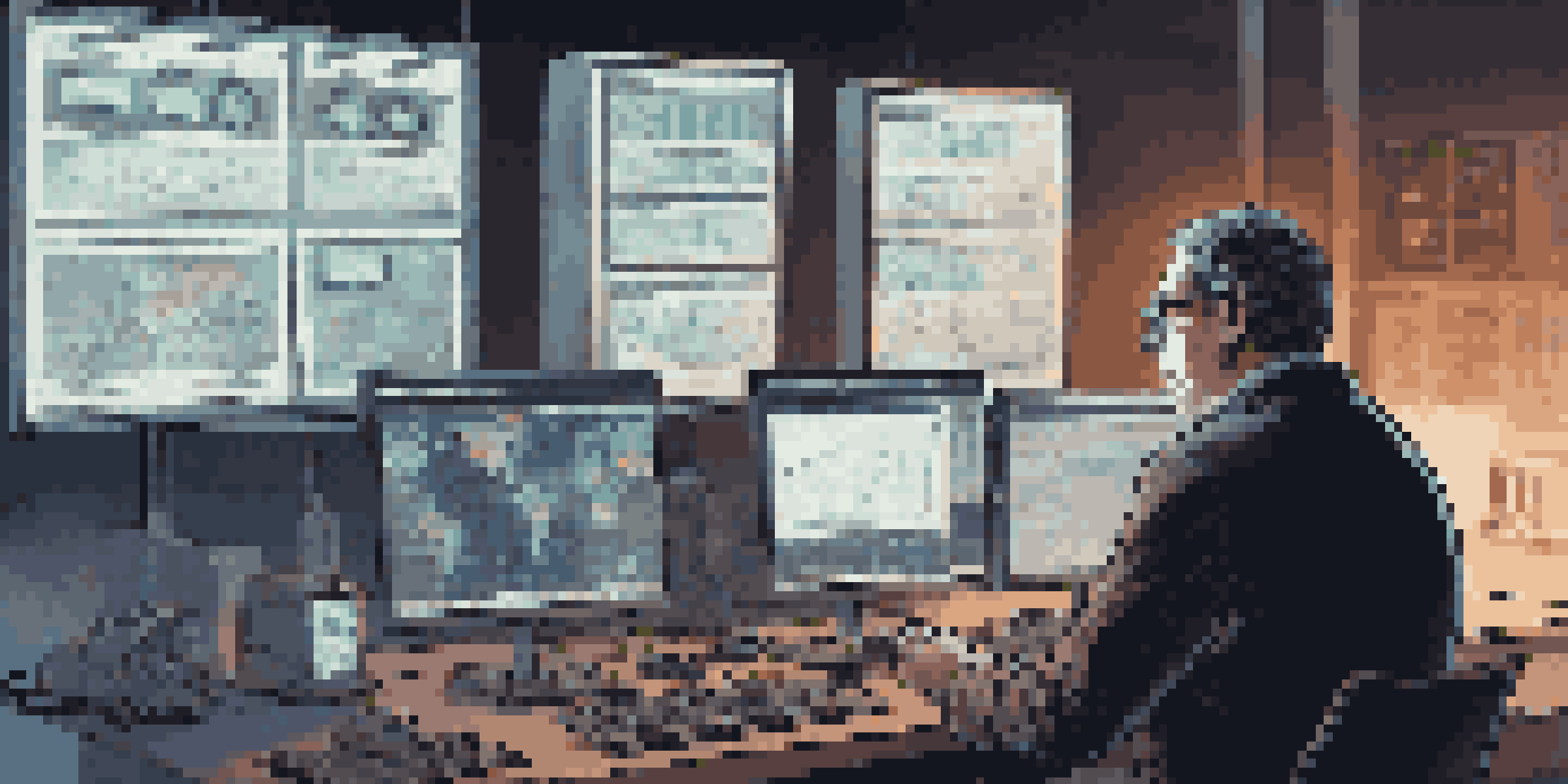 A digital forensics expert in a dark room analyzing data on multiple screens, taking notes with various tech equipment around.