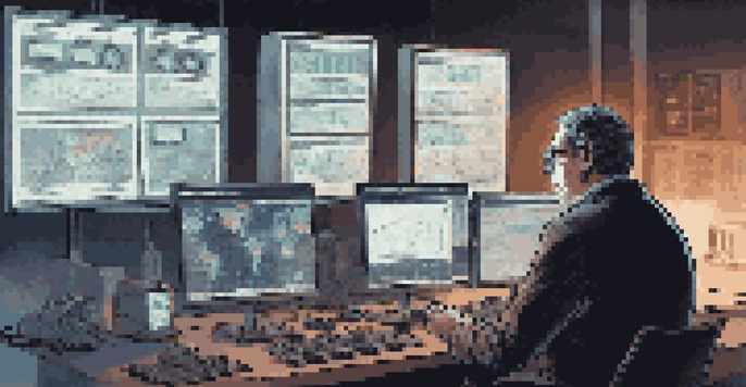 A digital forensics expert in a dark room analyzing data on multiple screens, taking notes with various tech equipment around.