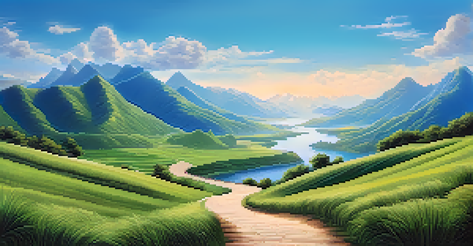 A serene landscape with a winding path through greenery and mountains, symbolizing the journey of digital marketing with SEO tools.