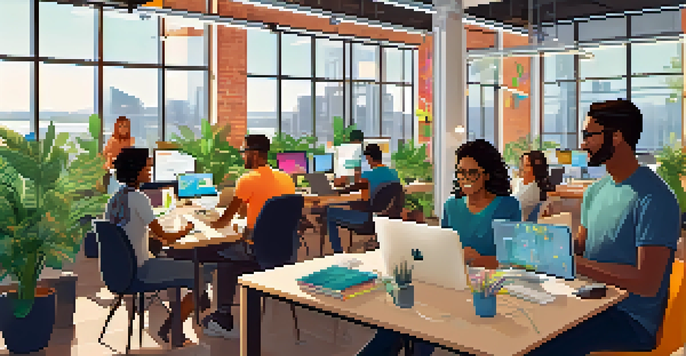 A group of diverse developers working together in a modern office, discussing code on laptops with a bright atmosphere.