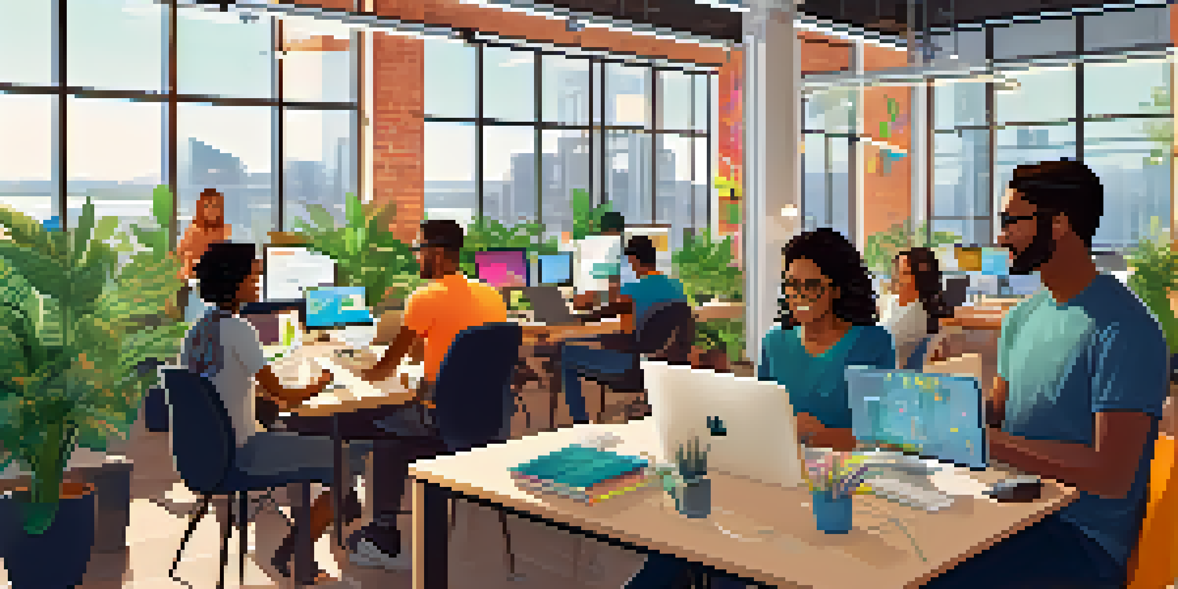 A group of diverse developers working together in a modern office, discussing code on laptops with a bright atmosphere.