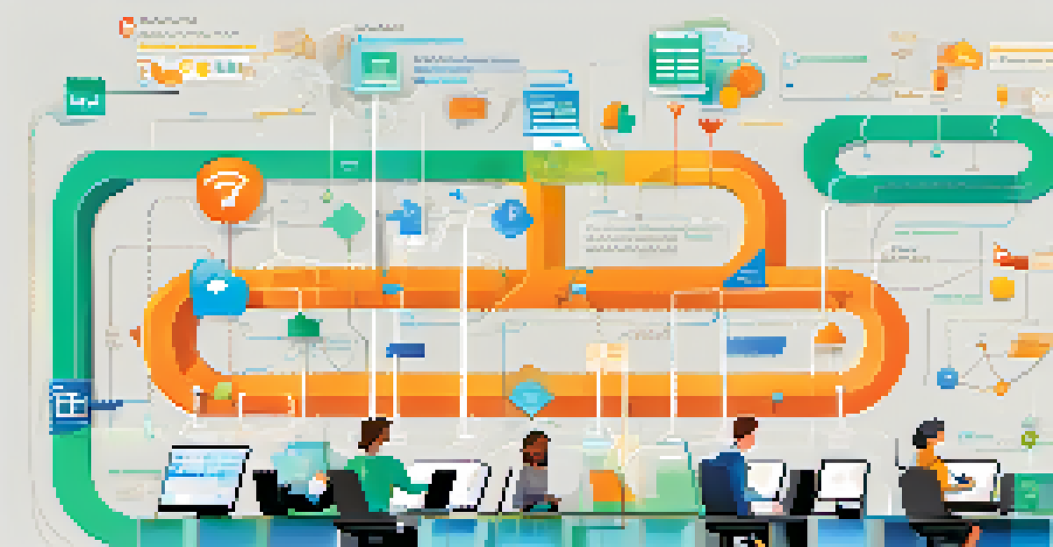 An infographic illustrating the communication flow in a service desk with arrows connecting users and IT support, featuring colorful icons.