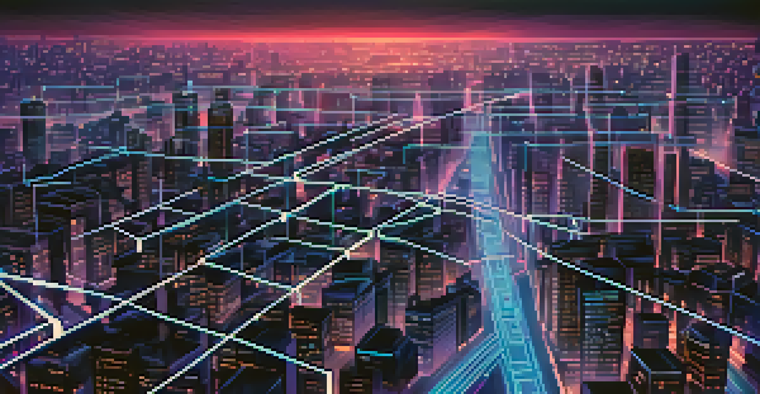 A visual representation of blockchain technology with glowing interconnected blocks and a futuristic city skyline.