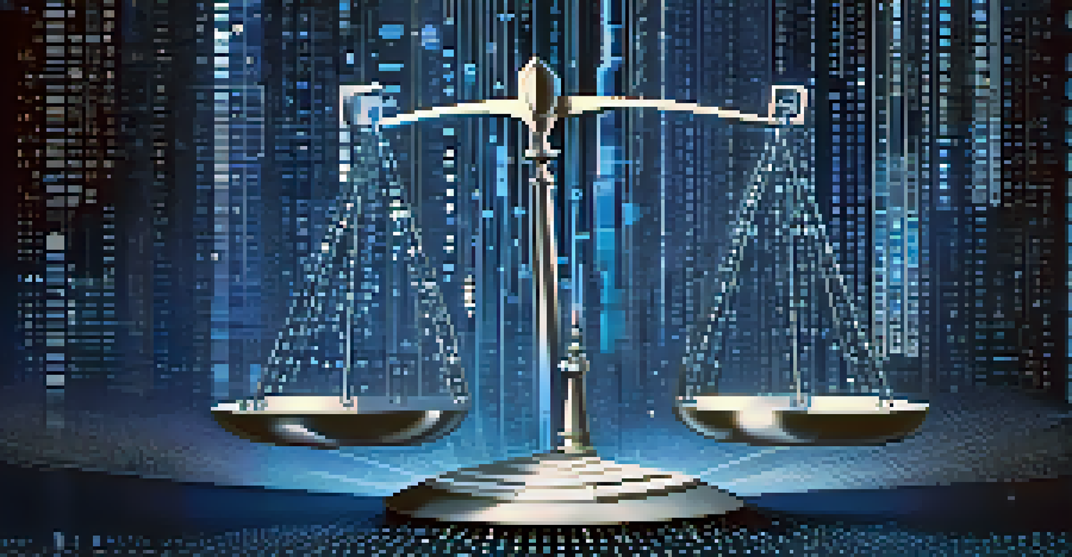 An abstract image of a balance scale made of digital elements representing data ethics, with binary codes and a shield in a deep blue background.