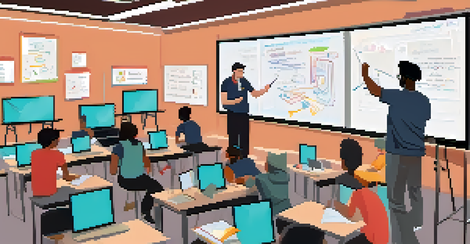 A teacher conducting a workshop with students learning about open source software, surrounded by tech equipment and a whiteboard with coding concepts.