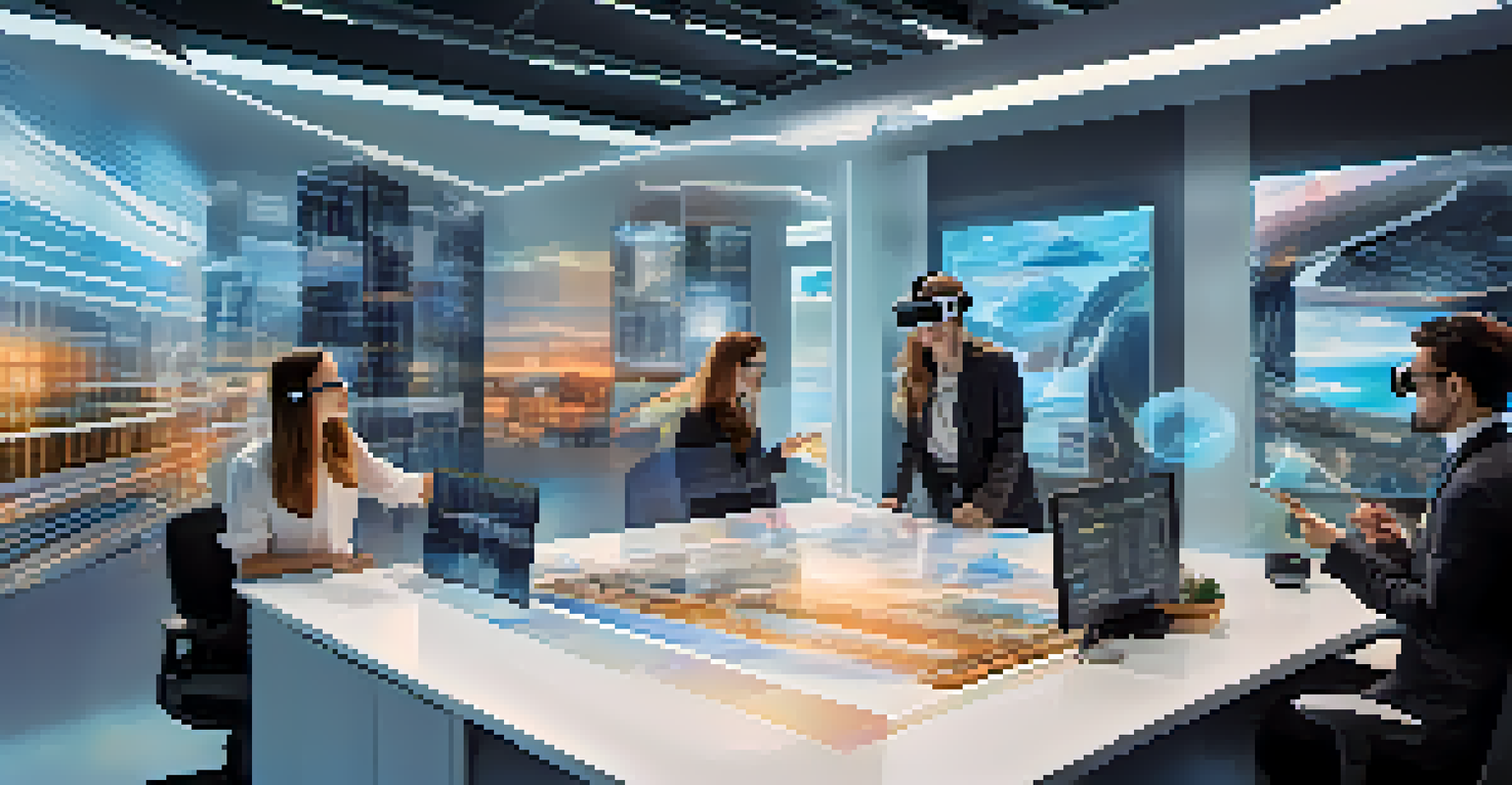 Architects collaborating in a virtual reality environment with VR headsets, interacting with a 3D building model.