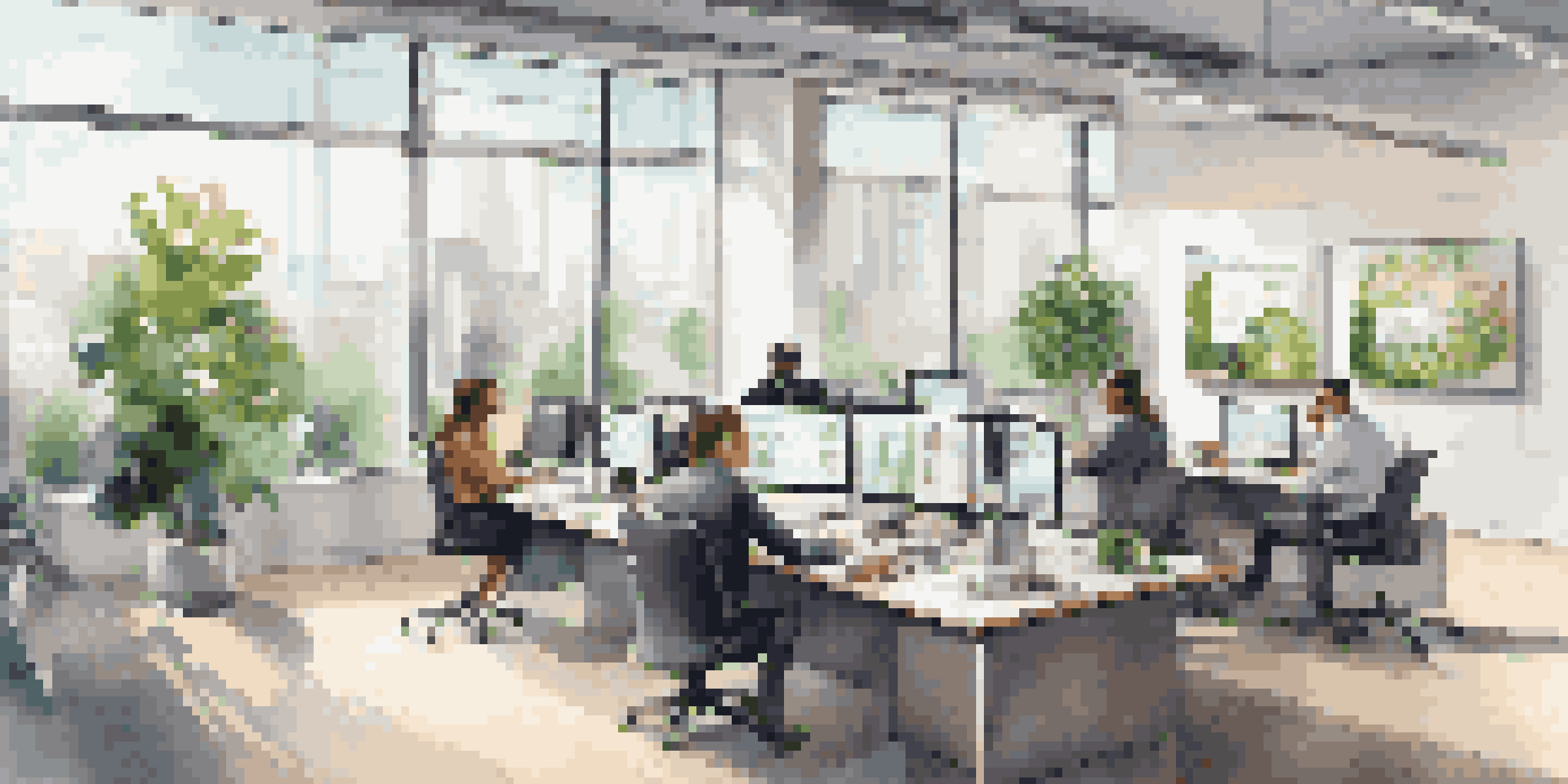 A diverse group of professionals working together in a bright office, analyzing financial reports on a digital screen.