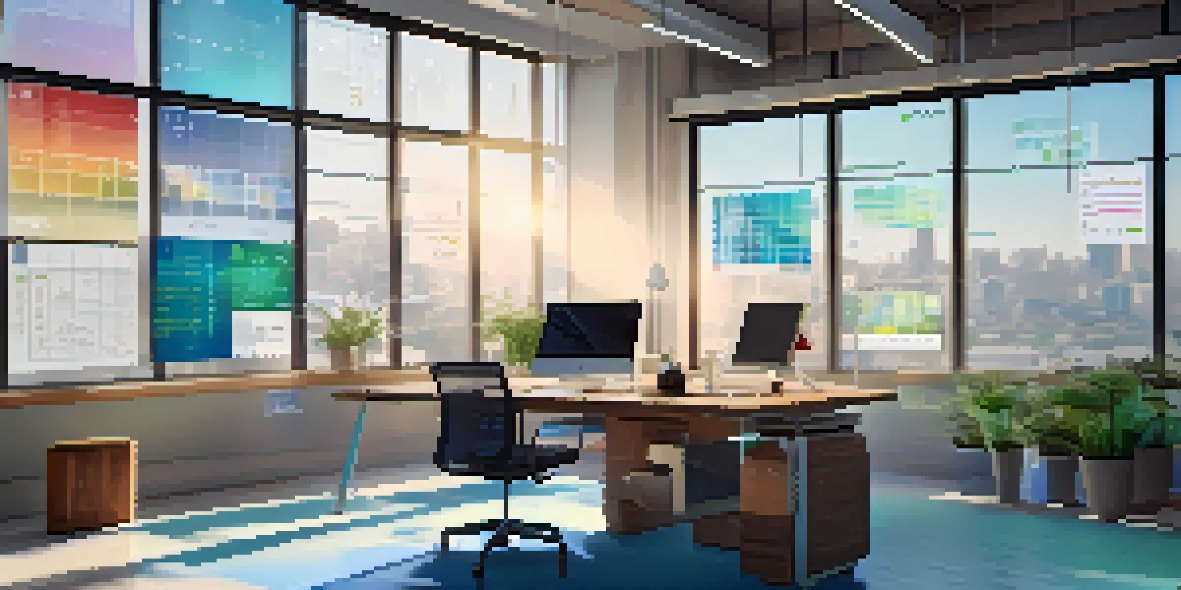 A modern office with data visualizations on a screen, natural light illuminating a wooden desk with a laptop and coffee mug.