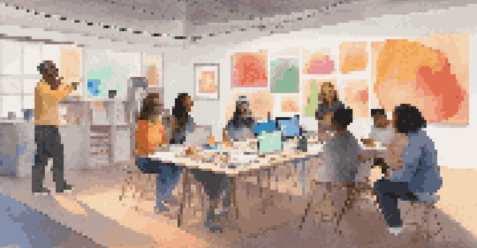A virtual studio where avatars are working together on an art project, surrounded by colorful canvases and warm lighting.