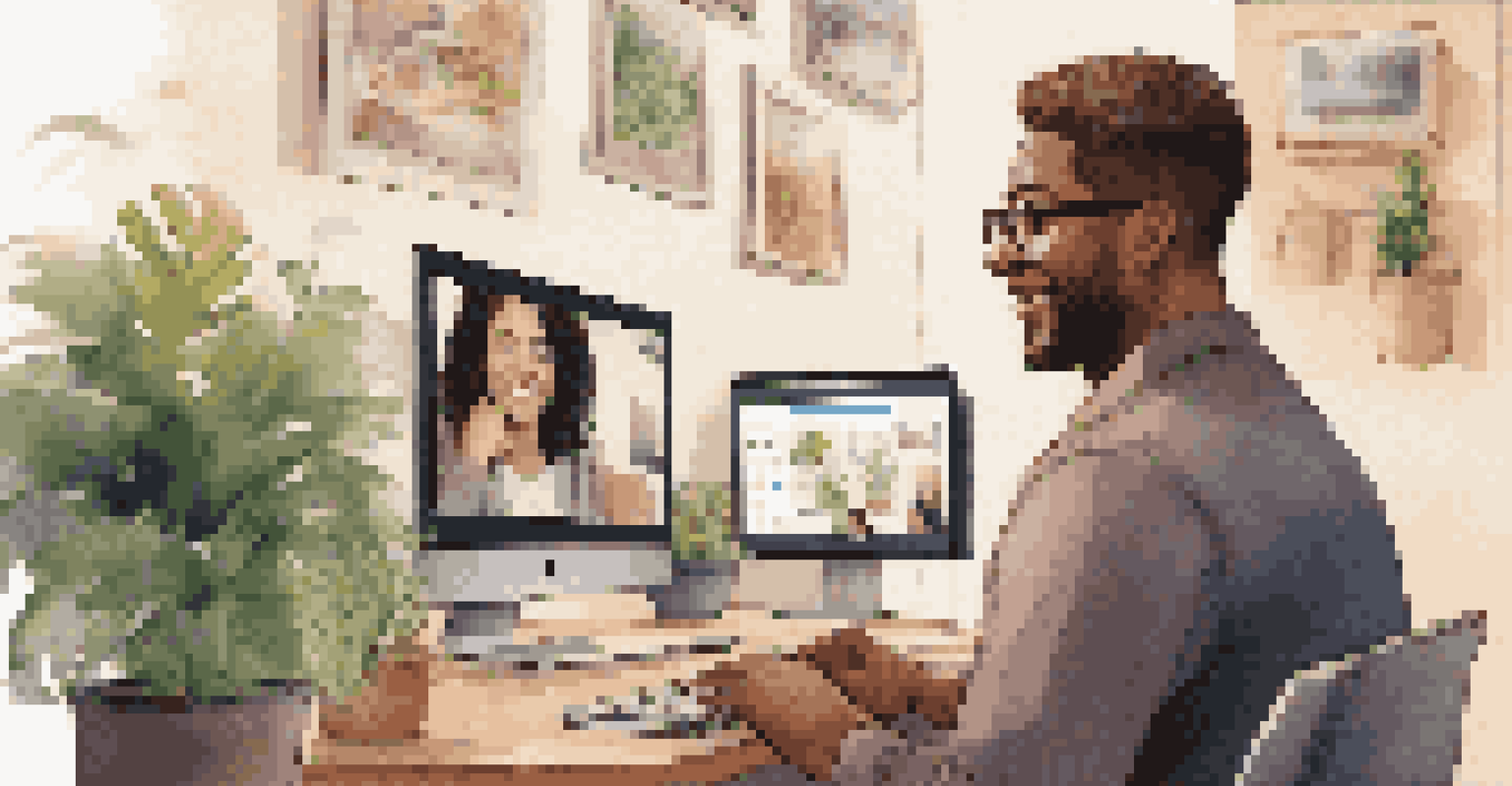 A customer support agent on a video call, demonstrating empathy in a cozy office setting, with warm lighting and personal decor.